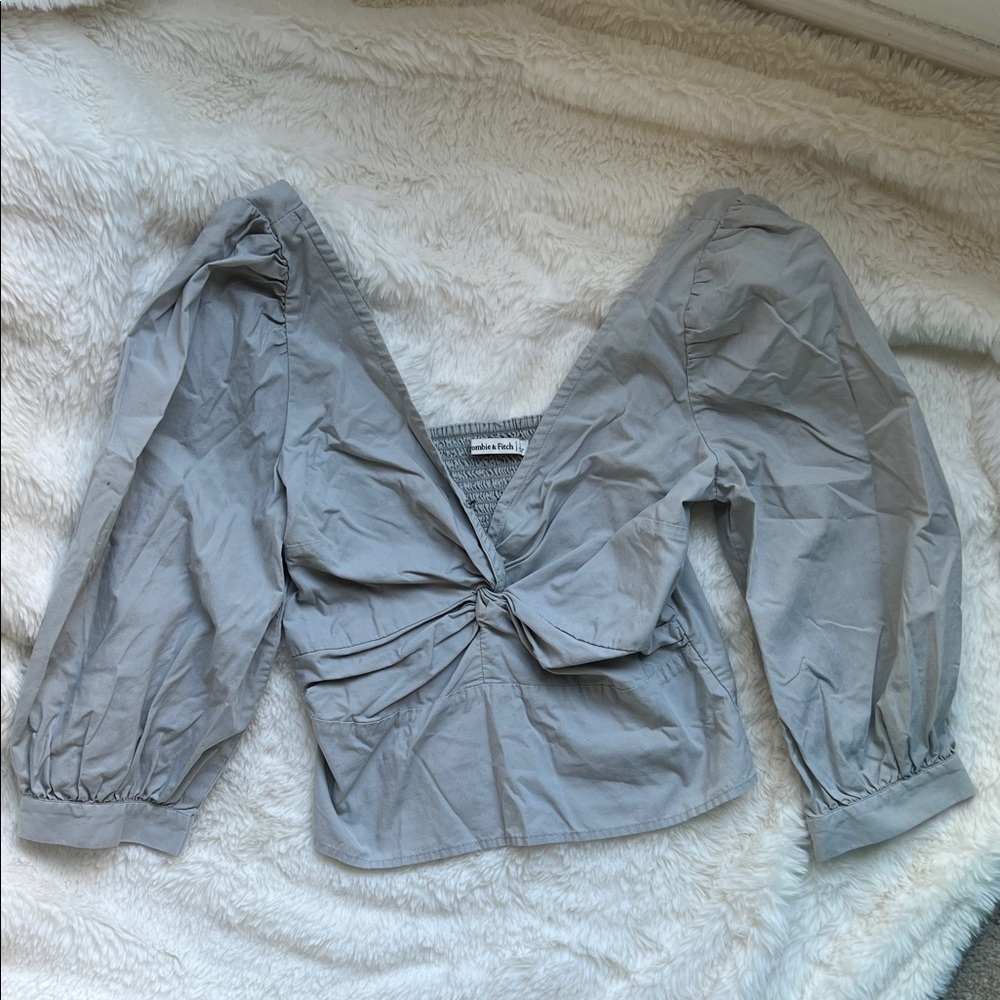 Abercrombie & Fitch Gray-light mint Front Knot V-Neck Blouse